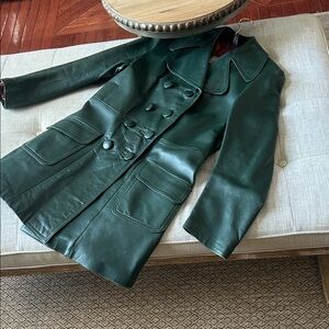 Leather Craft of Malvern Emerald Green Double Breasted Leather Collared Trench